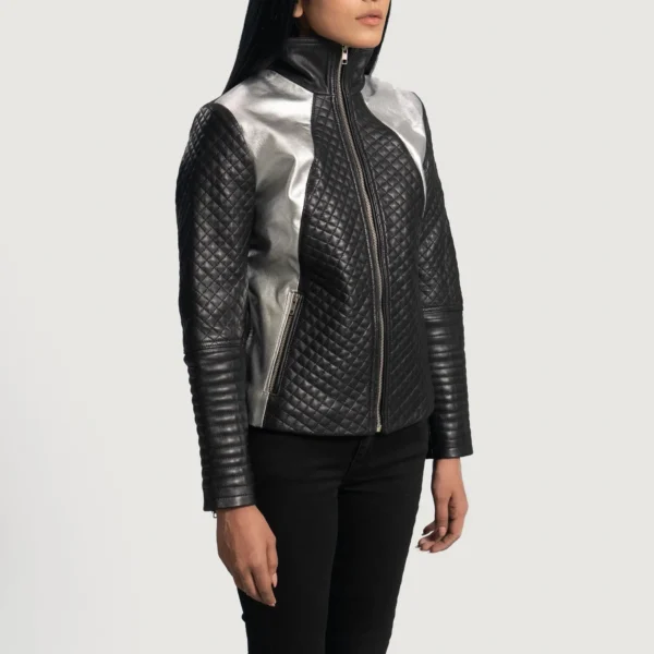 UB FASHION ALIA METALLIC BLACK LEATHER BIKER JACKET