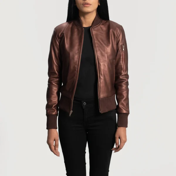 UB FASHION REIDA MAROON LEATHER BOMBER JACKET