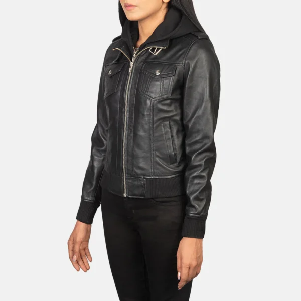 UB FASHION ROSLYN BLACK HOODED LEATHER BOMBER JACKET