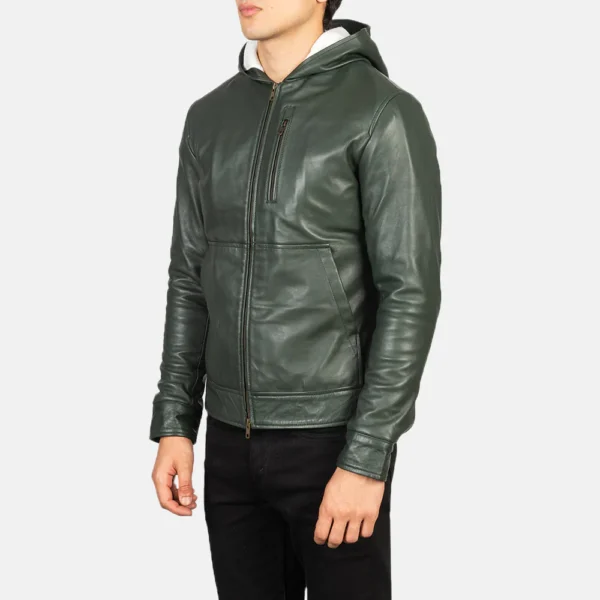 UB FASHION BASTON GREEN HOODED LEATHER BOMBER JACKET