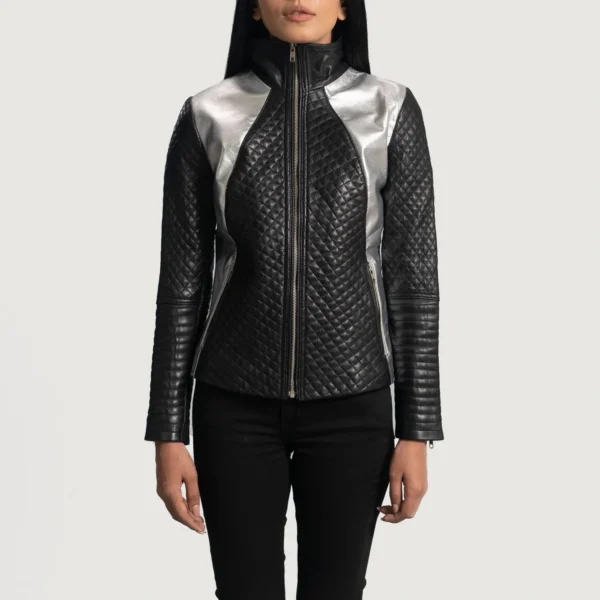 UB FASHION ALIA METALLIC BLACK LEATHER BIKER JACKET