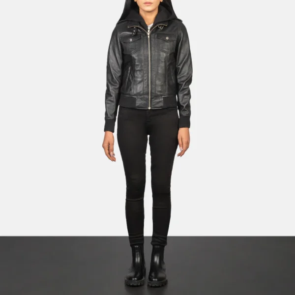 UB FASHION ROSLYN BLACK HOODED LEATHER BOMBER JACKET