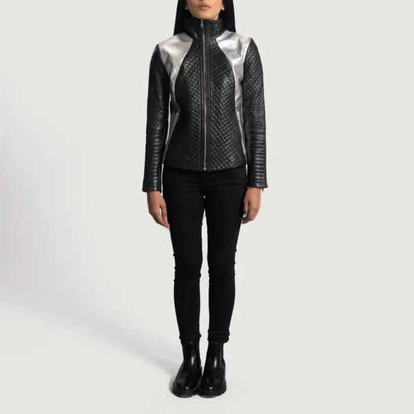 UB FASHION ALIA METALLIC BLACK LEATHER BIKER JACKET