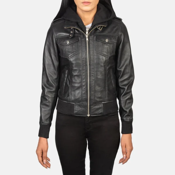 UB FASHION ROSLYN BLACK HOODED LEATHER BOMBER JACKET