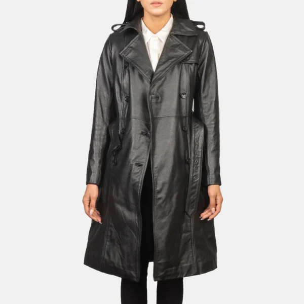 UB FASHION ALICE BLACK DOUBLE BREASTED LEATHER COAT