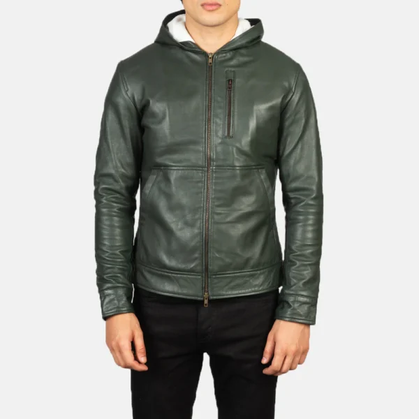 UB FASHION BASTON GREEN HOODED LEATHER BOMBER JACKET