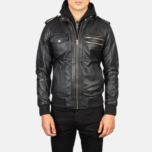 UB FASHION BRAVADO BLACK HOODED LEATHER BOMBER JACKET