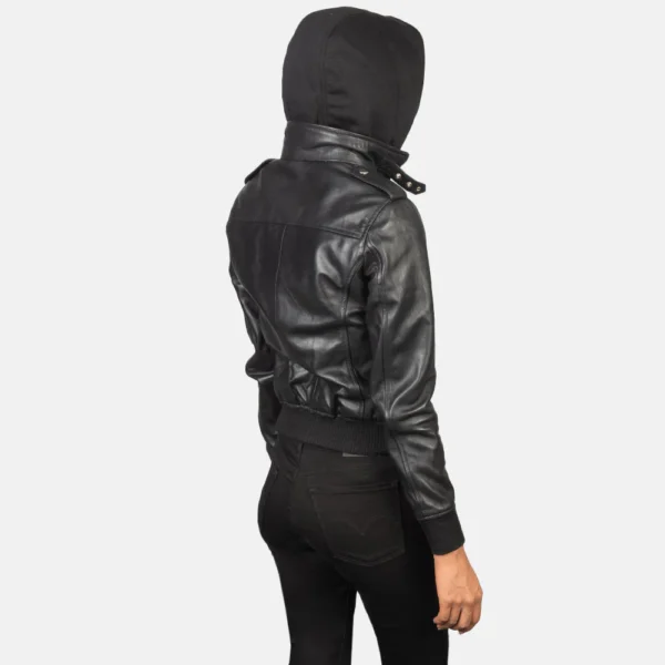 UB FASHION ROSLYN BLACK HOODED LEATHER BOMBER JACKET