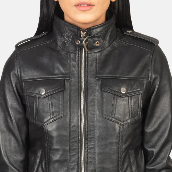 UB FASHION ROSLYN BLACK HOODED LEATHER BOMBER JACKET