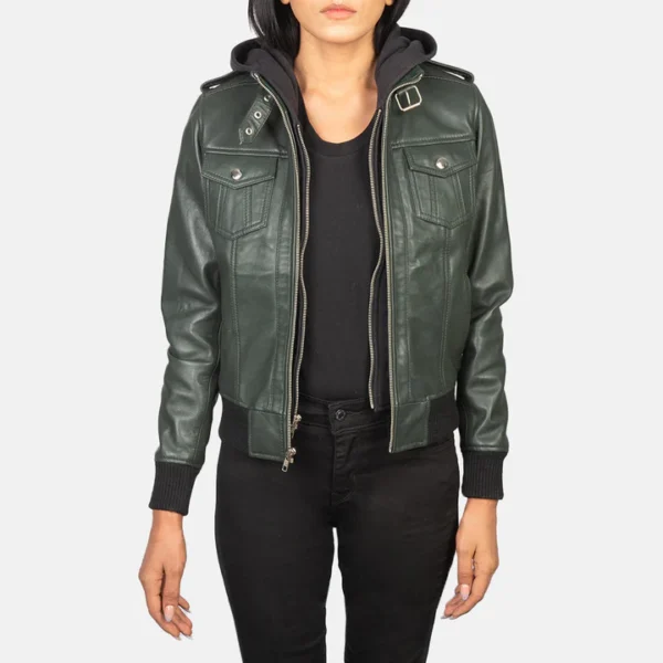 UB FASHION ROSLYN BLACK HOODED LEATHER BOMBER JACKET